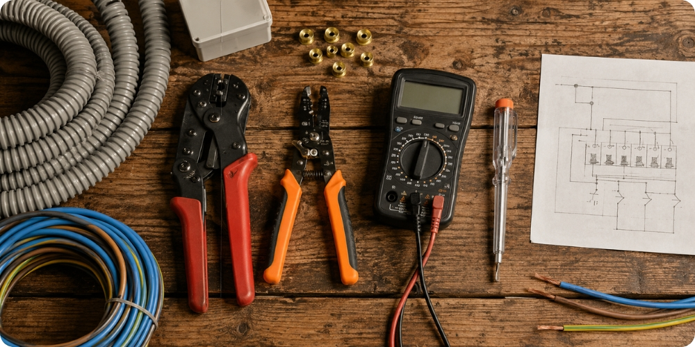 Établi d'électricien avec pince à sertir, multimètre et testeur pour refaire son installation soi-même