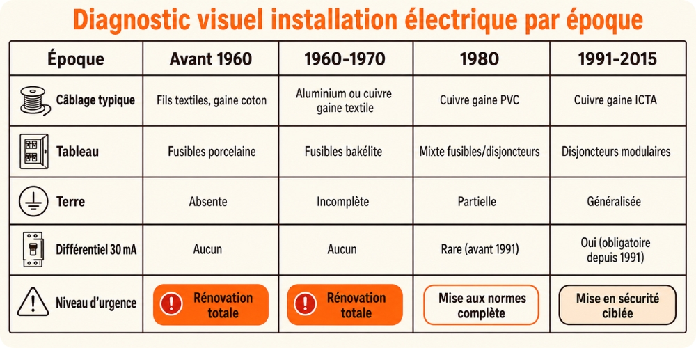 Infographie diagnostic visuel installation électrique par époque : câblage, tableau, prise de terre et différentiel selon la décennie de construction