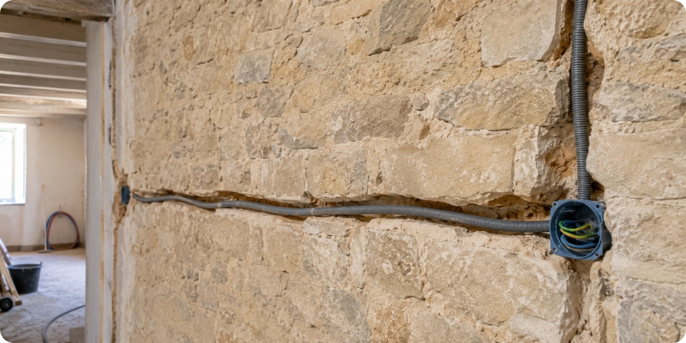 Saignée dans un mur en pierre d'une maison ancienne pour le passage d'une gaine ICTA lors d'une rénovation électrique