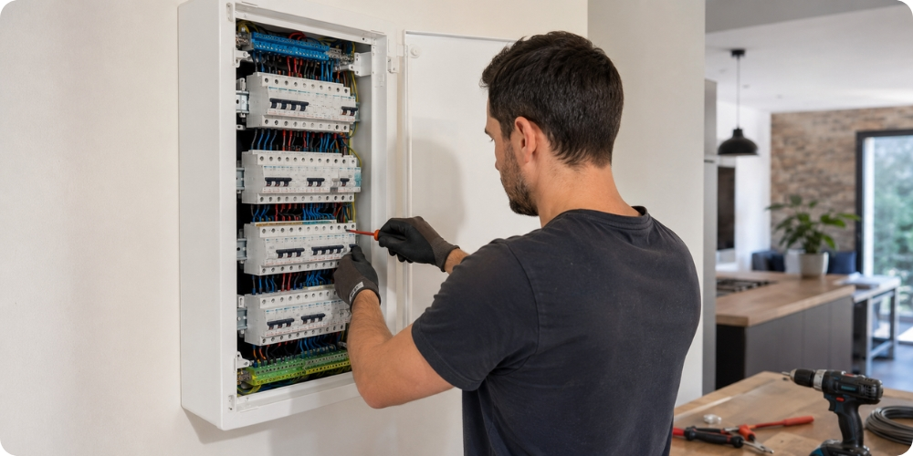 Tableau électrique résidentiel en cours de mise aux normes NF C 15-100 dans une maison de 100 m² rénovée