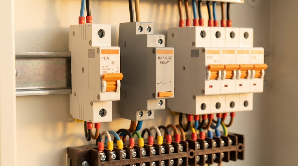 Tableau électrique résidentiel ouvert avec télérupteur modulaire sur rail DIN et disjoncteurs de circuit éclairage