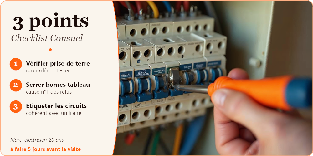 Checklist Consuel Vert : vérifier prise de terre serrage bornes et repérage circuits tableau électrique