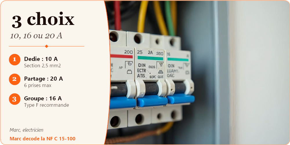 Tableau electrique disjoncteurs modulaires 10A 16A 20A rail DIN, calibres circuit frigo NF C 15-100 residentiel Provence