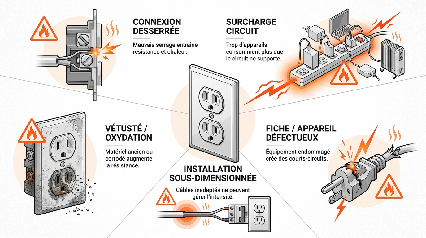 Schéma explicatif des causes de surchauffe d'une prise électrique incluant surcharge et mauvais contacts