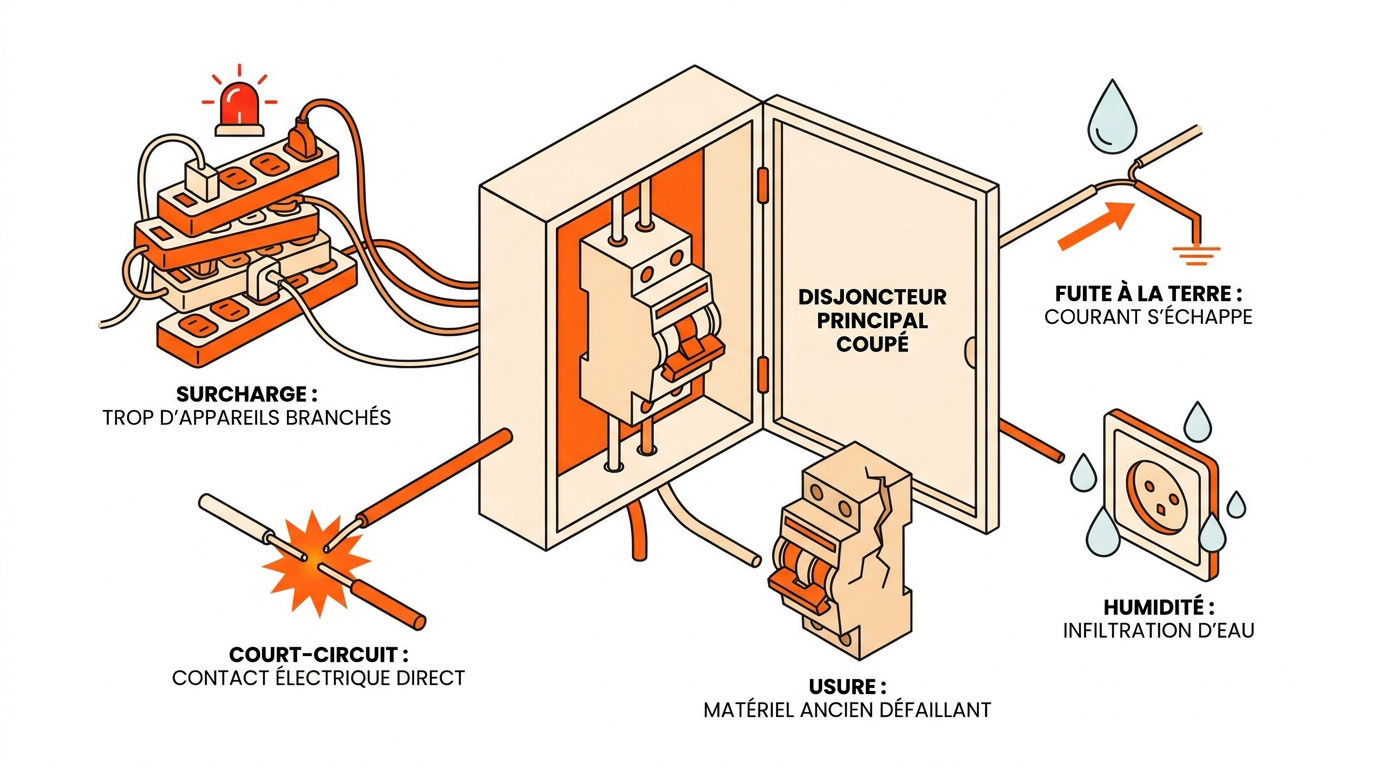 Schéma illustrant les causes courantes de disjonctage électrique comme la surcharge et le court-circuit