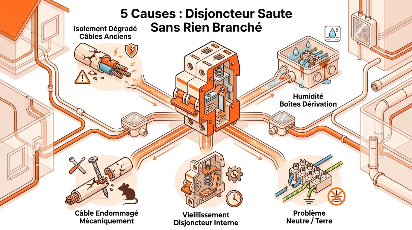 Schéma des causes de déclenchement d'un disjoncteur électrique sans charge