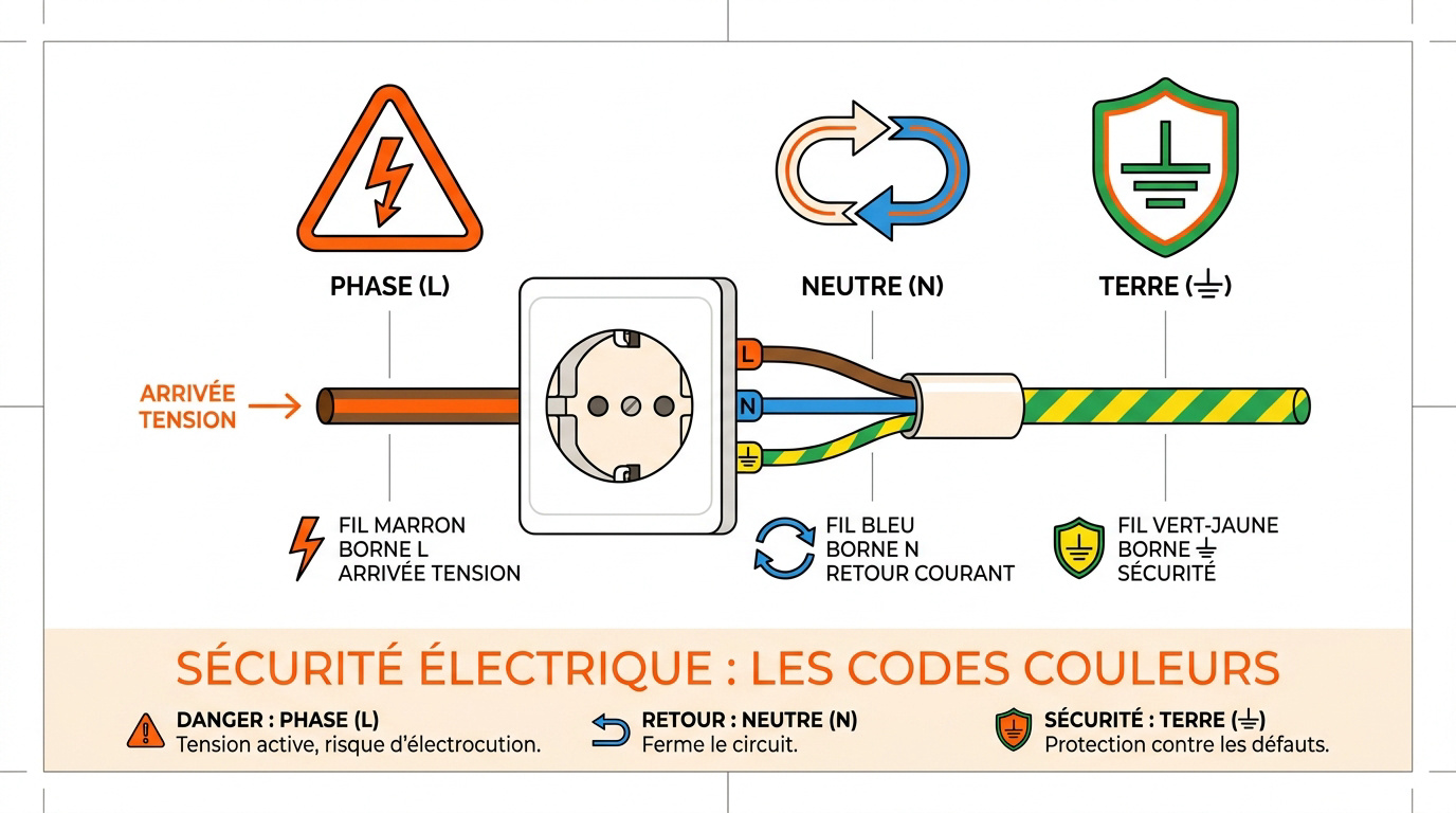 Schéma des codes couleurs des fils électriques phase neutre et terre pour branchement prise