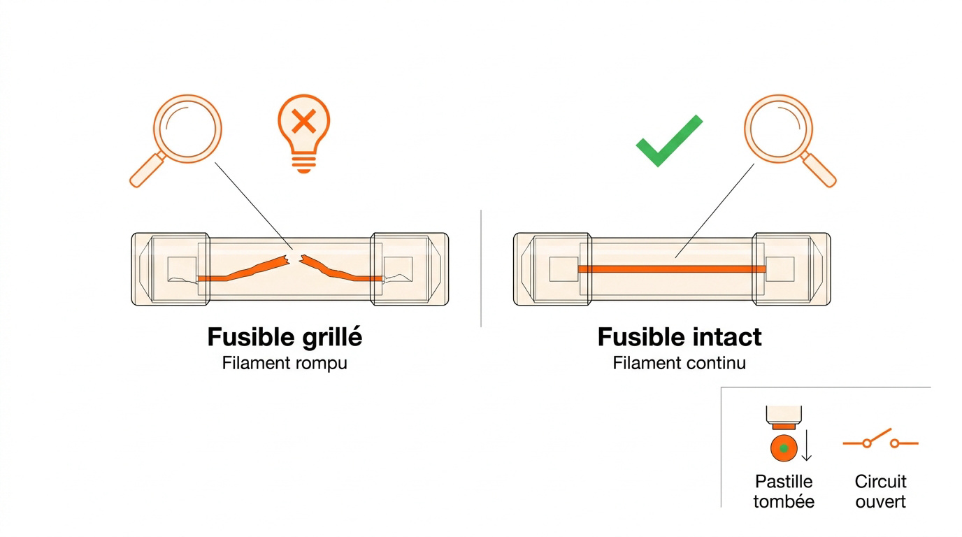 Comparaison visuelle entre un fusible intact et un fusible grillé