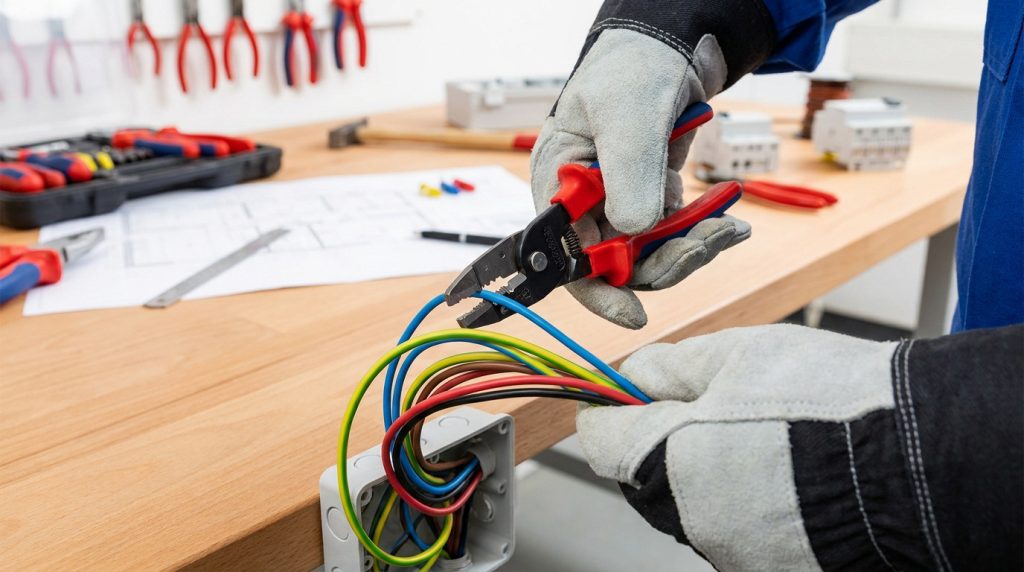 Un électricien avec des gants de protection utilise une pince à dénuder sur des fils électriques colorés.