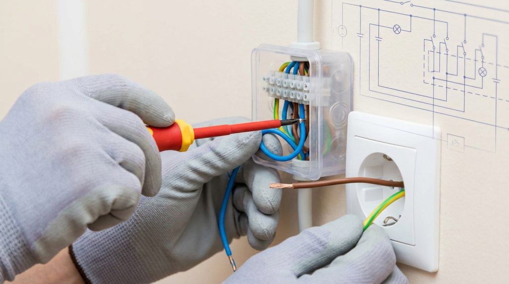Un électricien avec des gants effectue le branchement d'une prise électrique devant un schéma technique.
