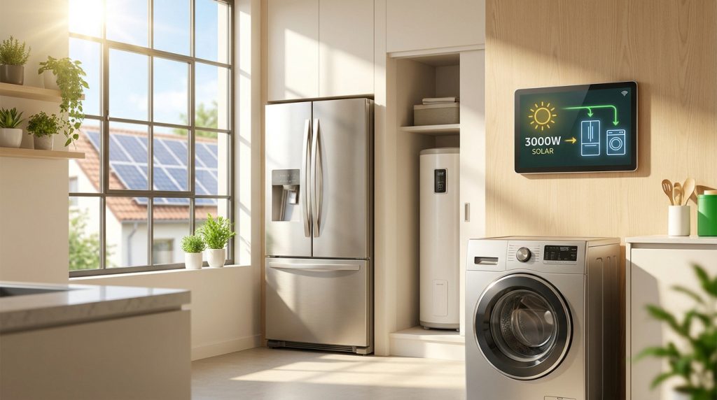 Cuisine moderne avec écran mural affichant la distribution d'énergie solaire vers un réfrigérateur et une machine à laver.