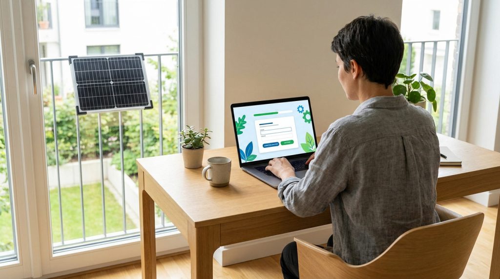 Personne remplissant sa déclaration CACSI Enedis en ligne devant son panneau solaire plug and play.