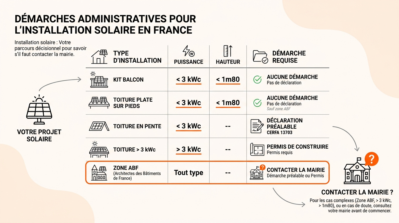 Schéma explicatif des démarches administratives pour l'installation de panneaux solaires en France