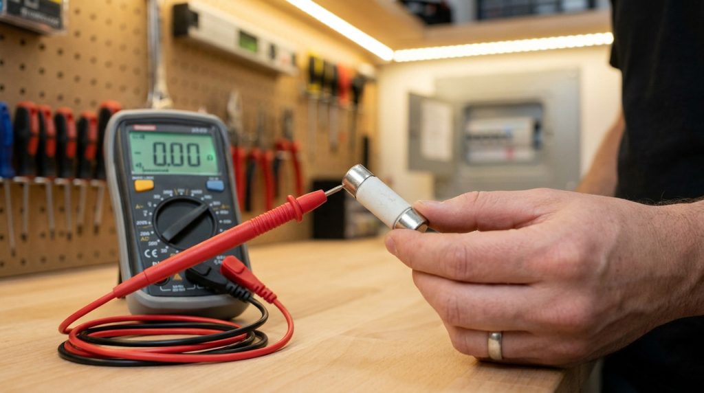 Une personne teste un fusible cylindrique avec un multimètre numérique dans un atelier.