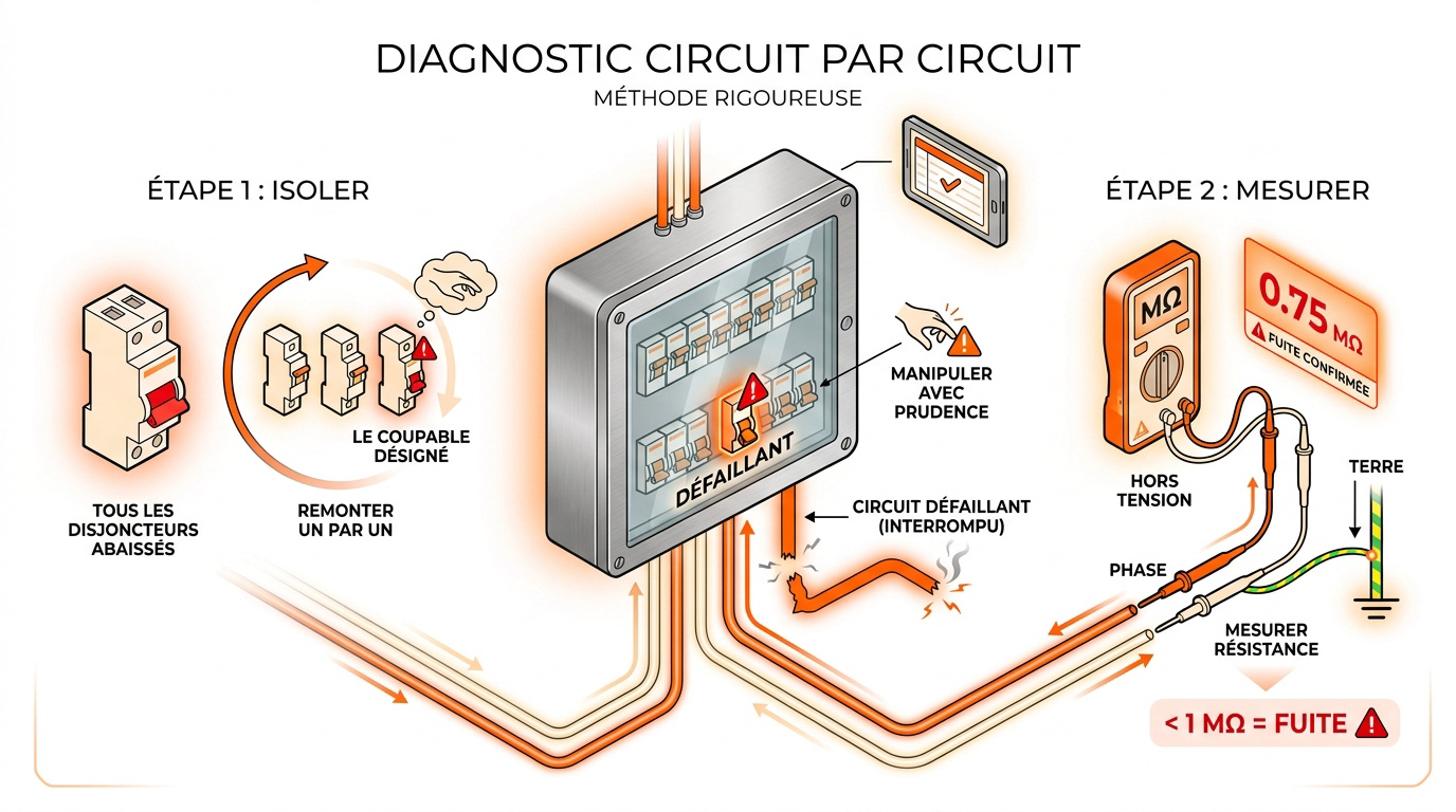 Électricien procédant au diagnostic d'un tableau électrique modulaire pour identifier un circuit défectueux