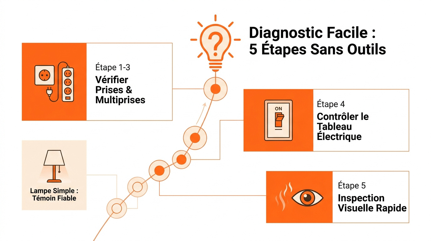 Illustration des étapes de diagnostic visuel d'une prise électrique défectueuse