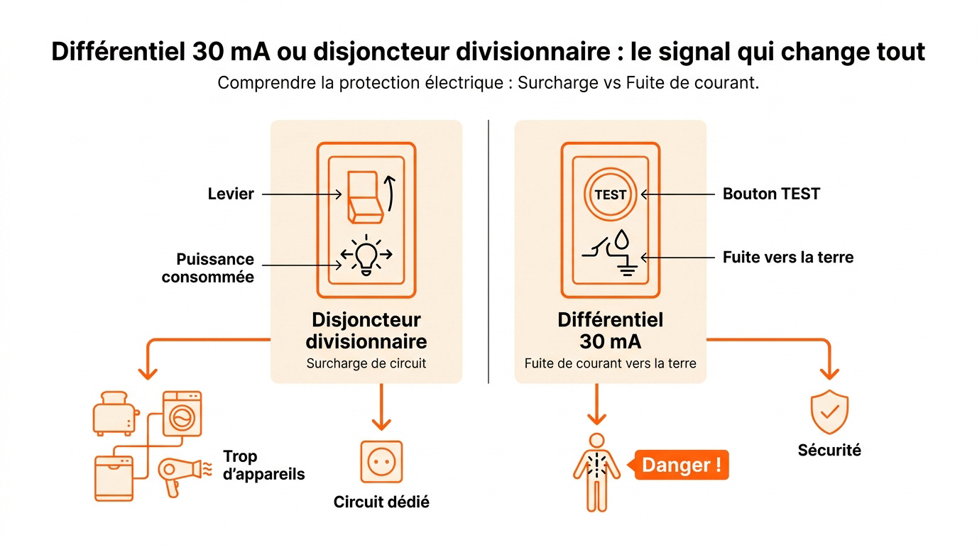 Comparaison entre un interrupteur différentiel 30mA et un disjoncteur divisionnaire dans un tableau électrique