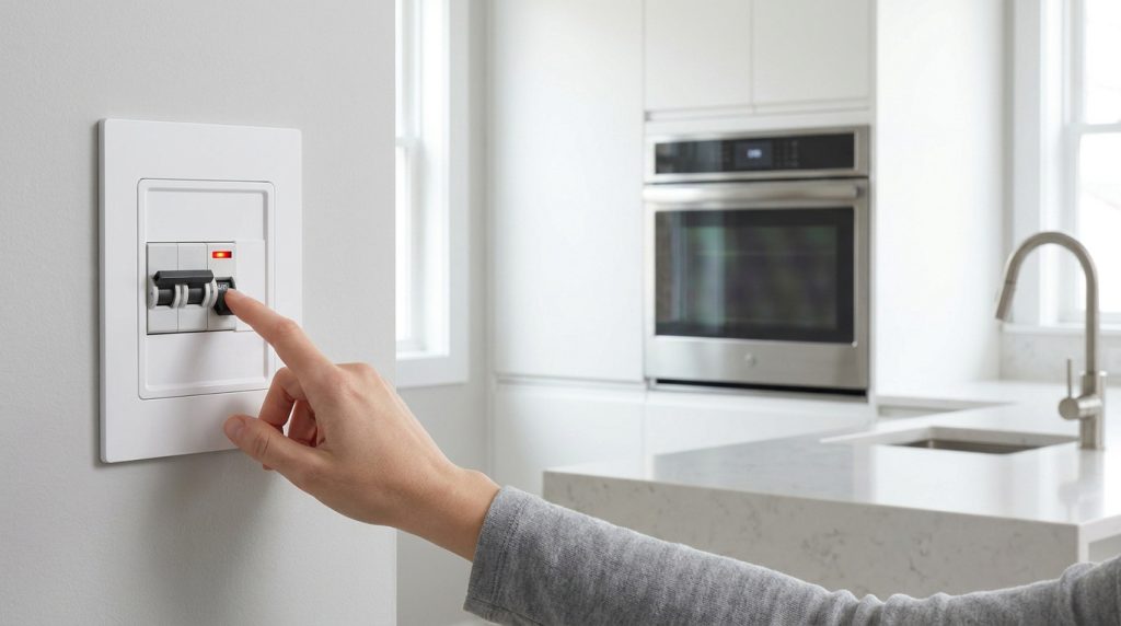 Une main remet en marche un disjoncteur électrique dans une cuisine avec un four en arrière-plan.