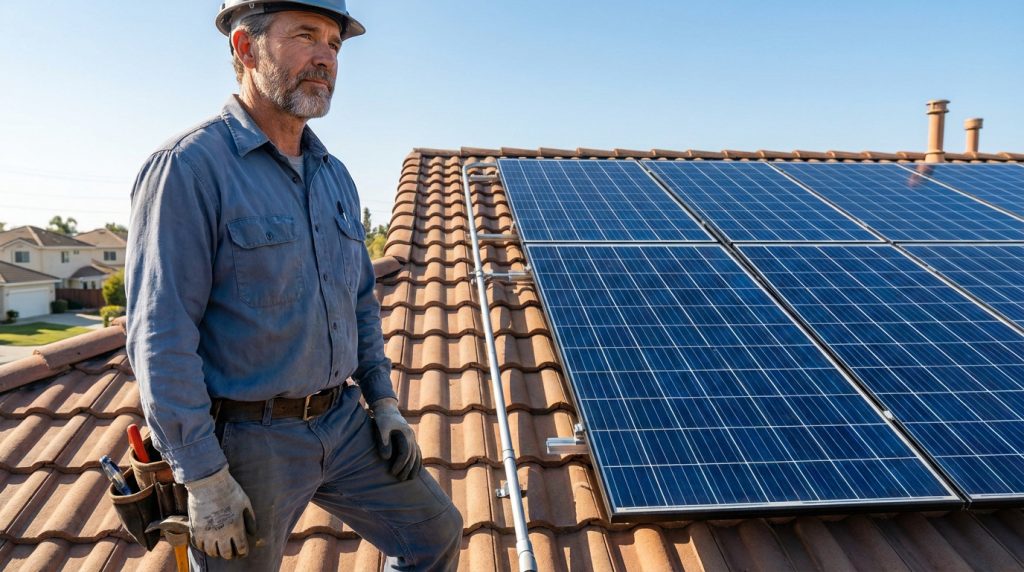 Un électricien d'expérience porte un casque de chantier et inspecte des panneaux solaires installés sur un toit en tuiles.