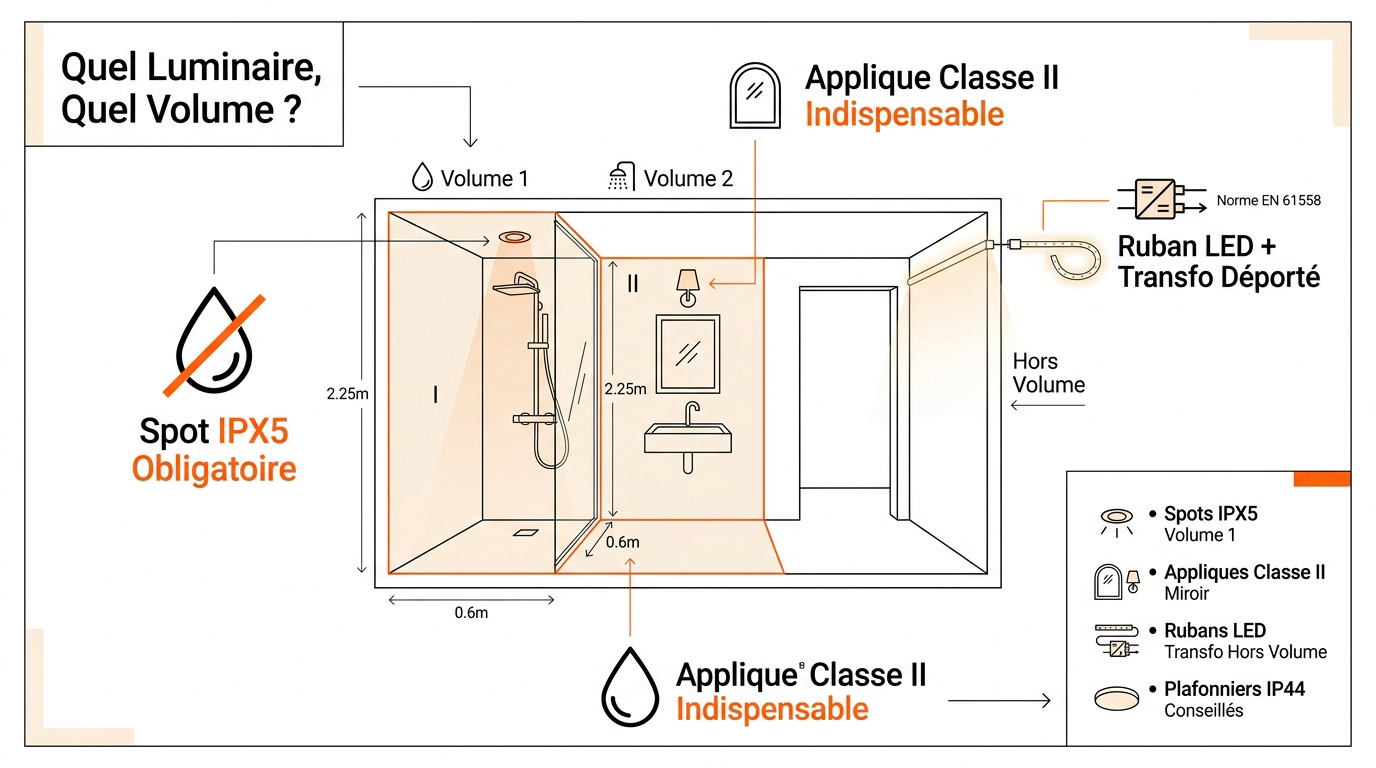 Schéma des volumes de sécurité et indices de protection IP pour luminaires de salle de bain