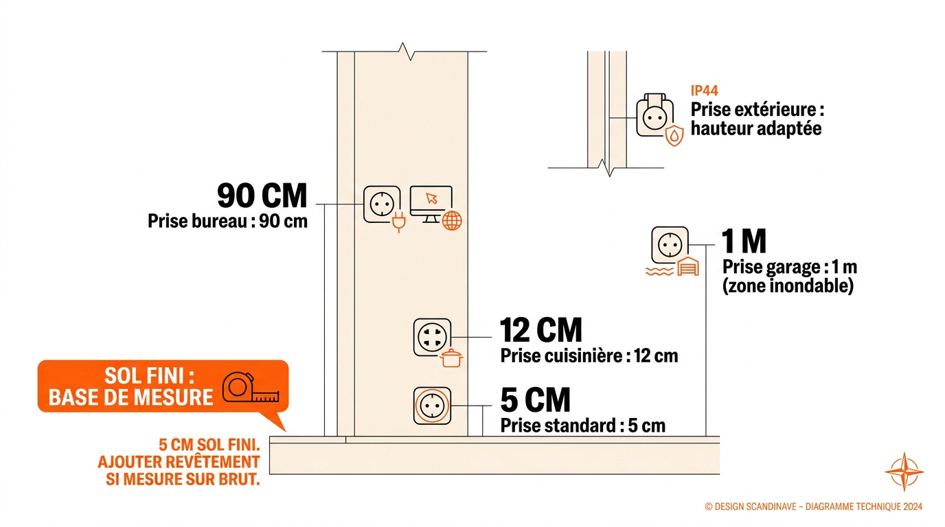Schéma des hauteurs réglementaires pour les prises électriques selon la norme NF C 15-100