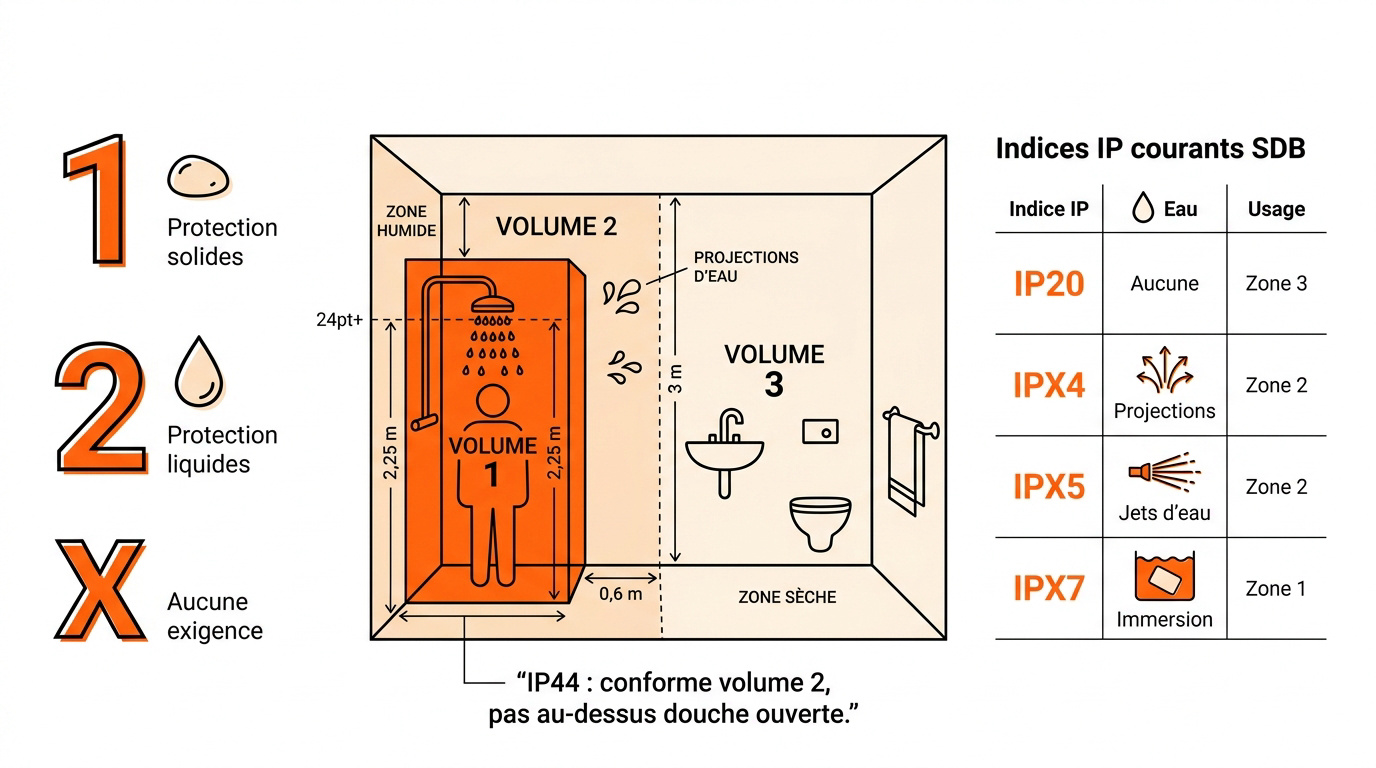 Schéma des indices IP et volumes de sécurité dans une salle de bain selon la norme NF C 15-100