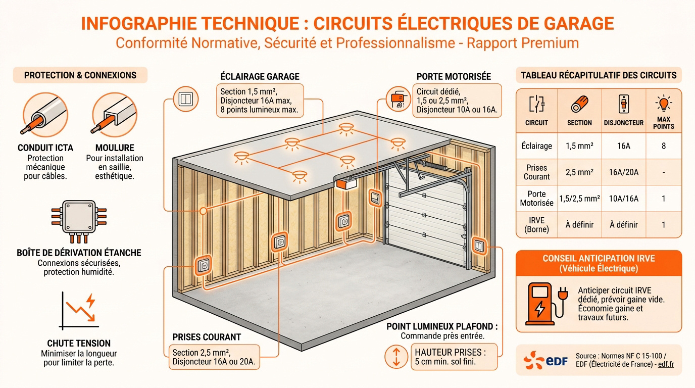 Infographie détaillant les sections de câbles et calibres de disjoncteurs pour un garage aux normes NF C 15-100