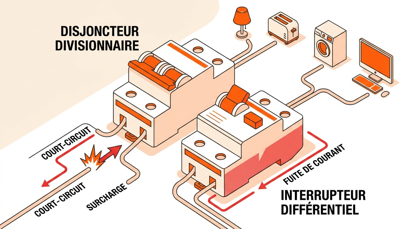 Comparaison visuelle entre un disjoncteur divisionnaire et un interrupteur différentiel sur un tableau électrique