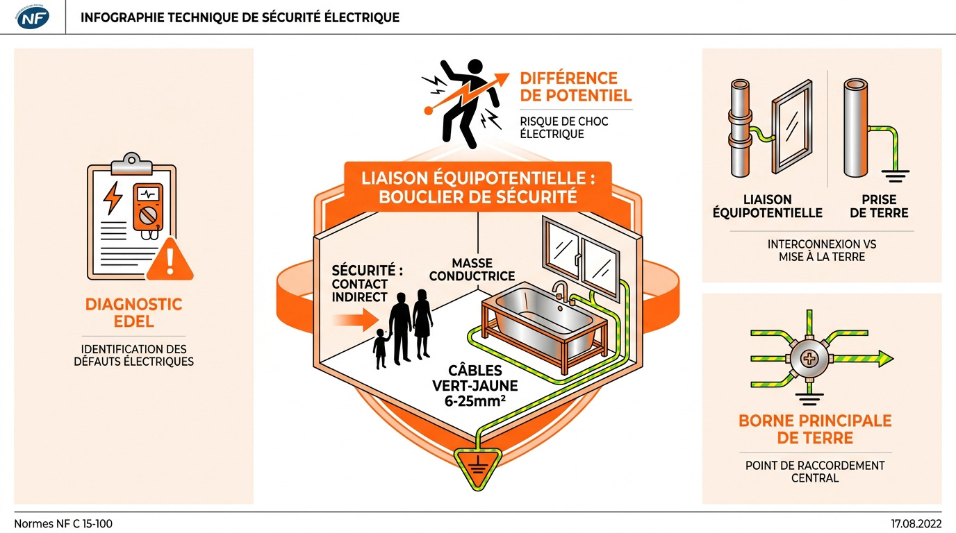 Infographie expliquant le principe de la liaison équipotentielle et la sécurité des masses métalliques dans un logement