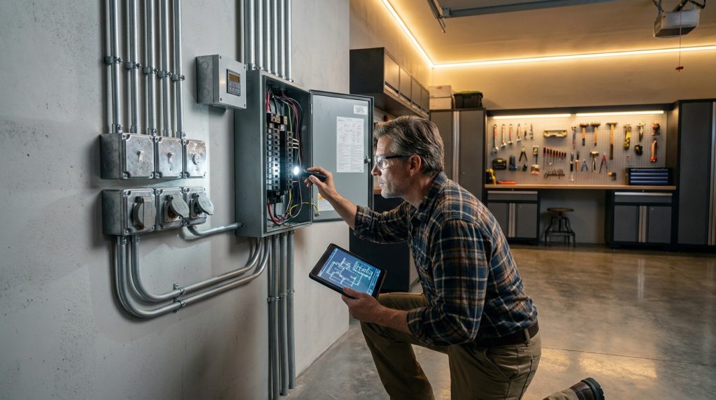 Électricien inspectant un tableau électrique mural avec une lampe torche et une tablette dans un garage équipé d'outils.