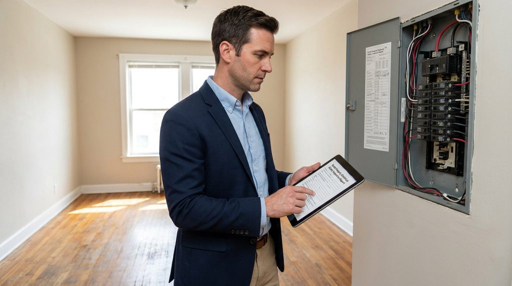 Professionnel en costume inspectant un tableau électrique avec une tablette numérique dans un appartement vide.