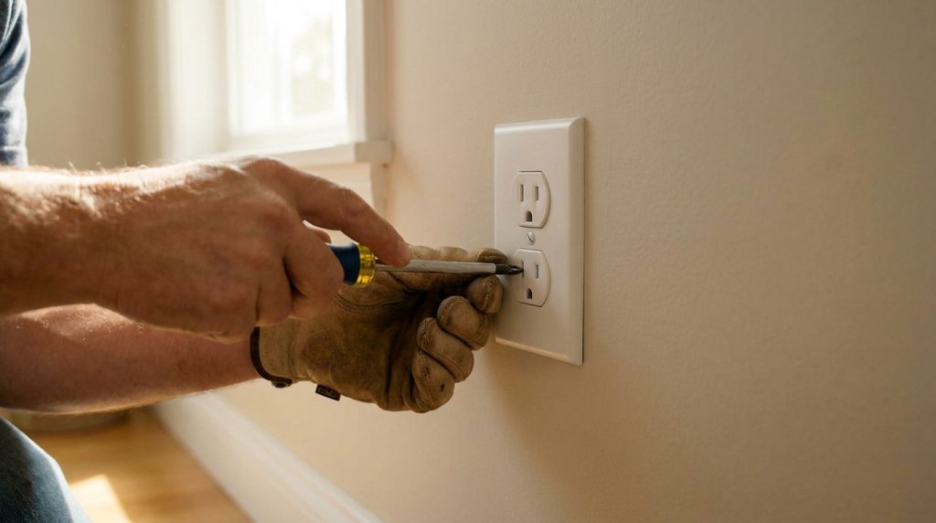 Mains gantées utilisant un tournevis pour dévisser une plaque de prise électrique sur un mur beige.