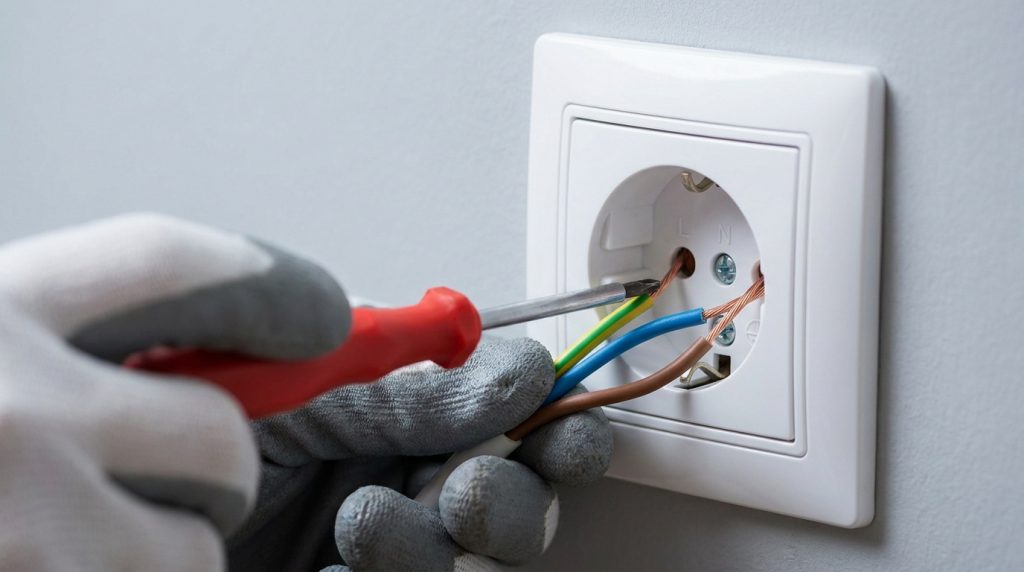 Mains gantées utilisant un tournevis pour installer trois fils électriques dans une prise murale blanche.