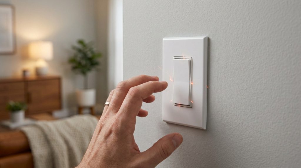 Une main s'approche d'un interrupteur mural blanc qui émet des étincelles électriques dangereuses.