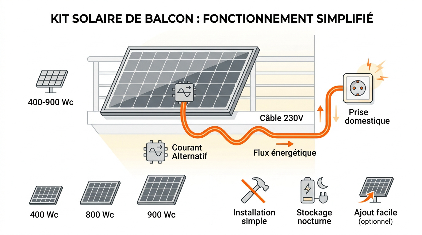 Schéma de fonctionnement d'un kit solaire plug and play sur un balcon résidentiel