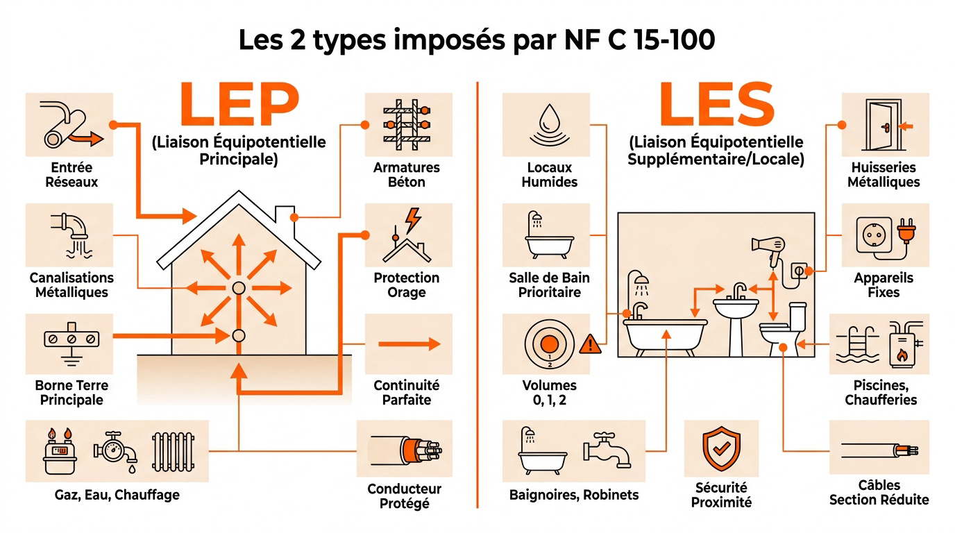 Schéma comparatif entre liaison équipotentielle principale LEP et supplémentaire LES selon la norme NF C 15-100