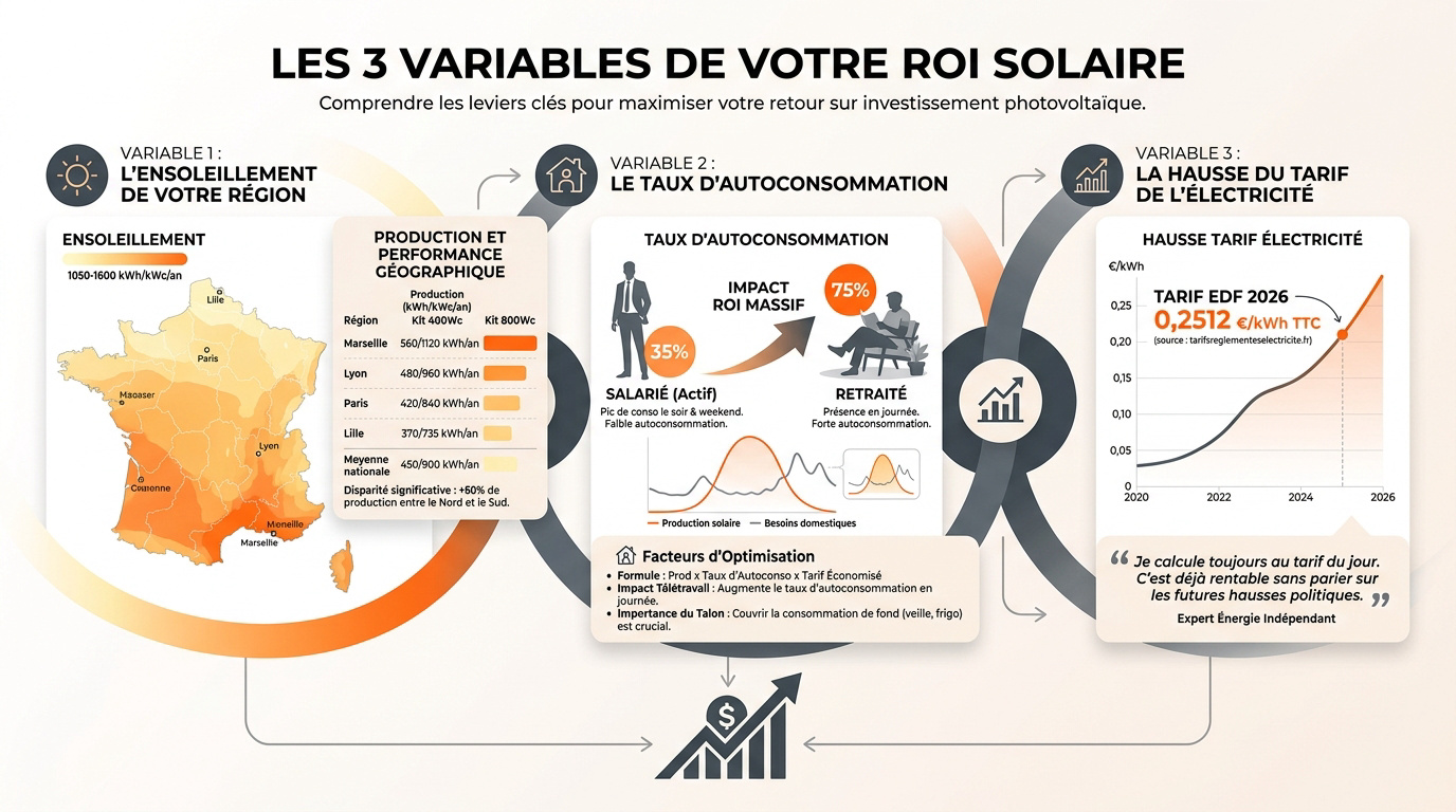 Schéma explicatif des trois variables déterminant la rentabilité d'un kit solaire plug and play