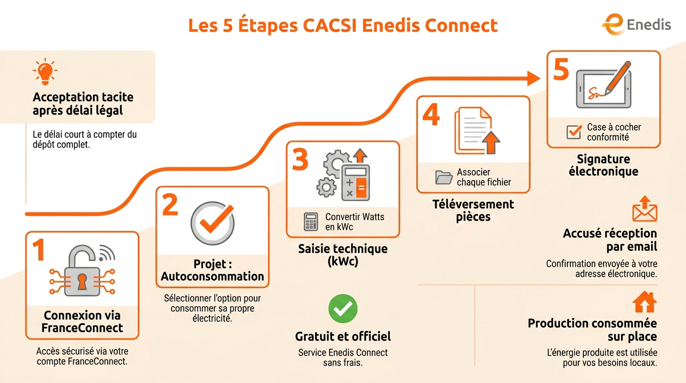 Infographie détaillant les 5 étapes pour déclarer un kit solaire sur Enedis Connect