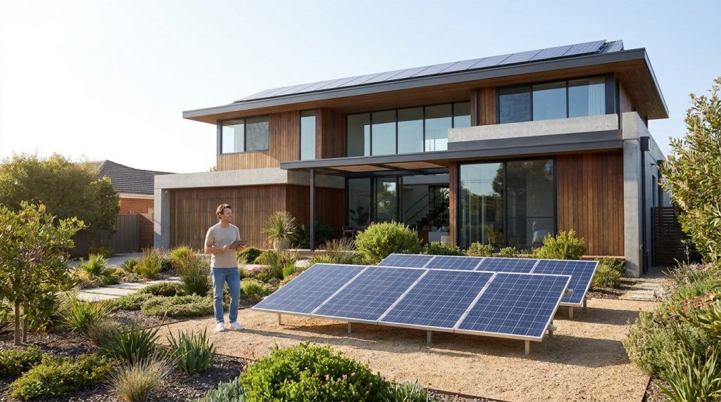 Un homme tenant une tablette devant une maison moderne avec des panneaux solaires au sol et sur le toit.