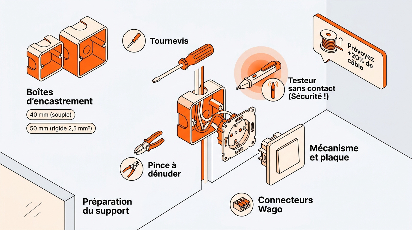 Outillage complet pour l'installation d'une prise électrique incluant tournevis isolés et testeur de tension