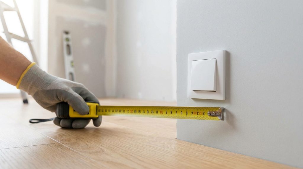 Une main gantée utilisant un mètre ruban jaune pour mesurer la hauteur d'un interrupteur blanc fixé sur un mur gris.