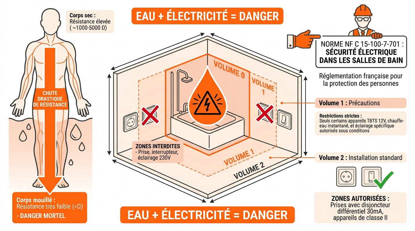 Schéma des volumes de sécurité électrique dans une salle de bain selon la norme NF C 15-100