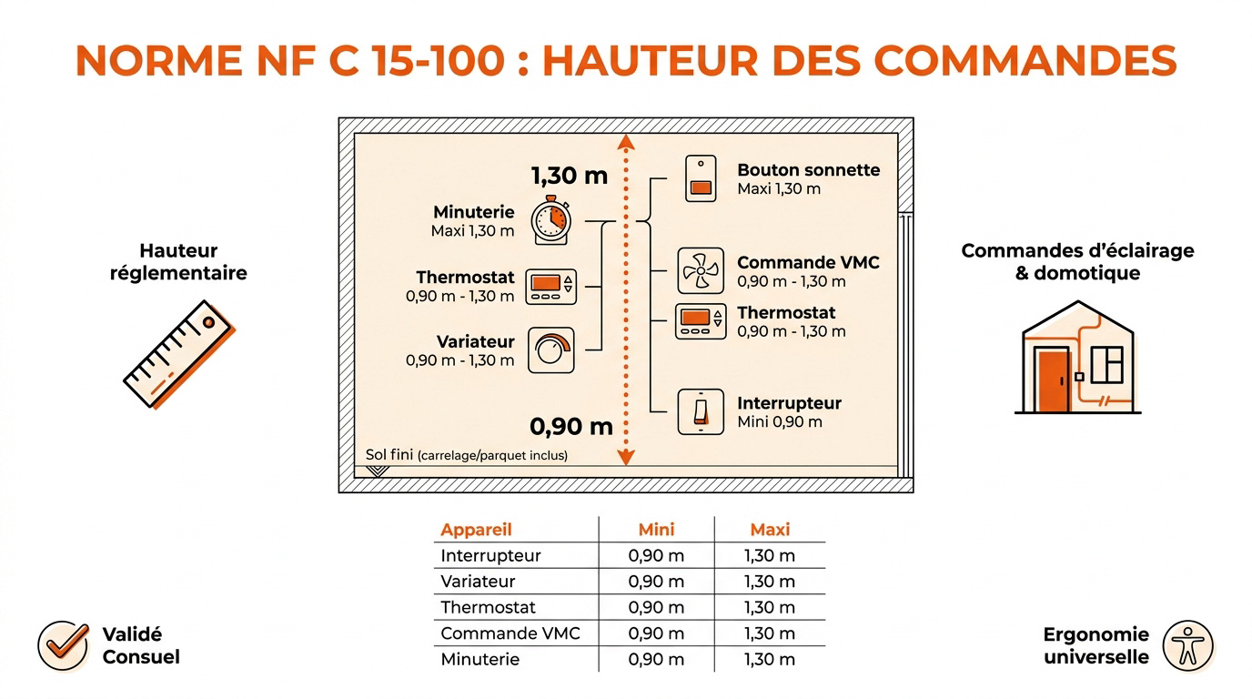 Schéma des hauteurs réglementaires pour interrupteurs et prises selon la norme NF C 15-100