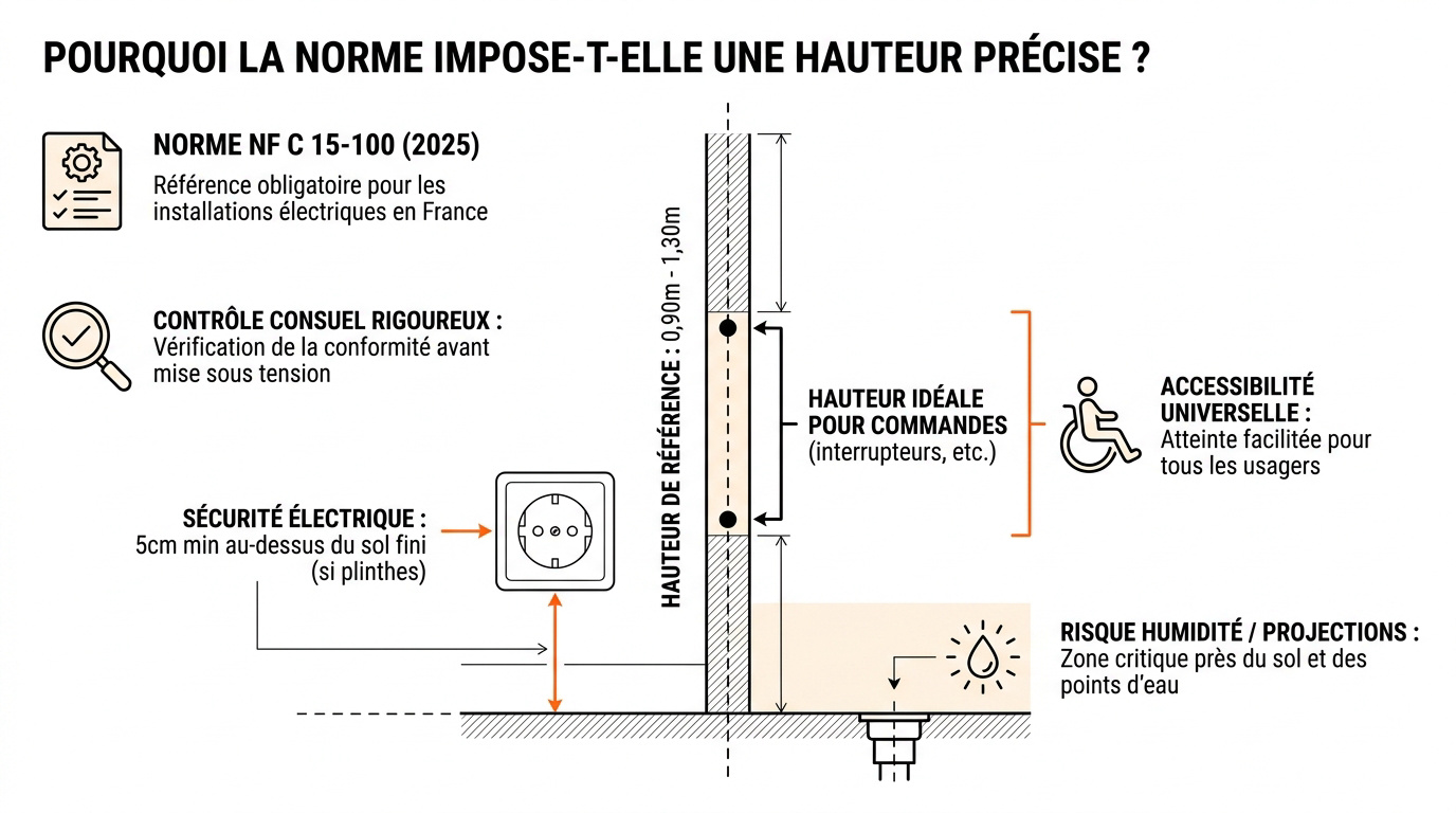 Schéma explicatif des hauteurs réglementaires pour interrupteurs et prises selon la norme NF C 15-100