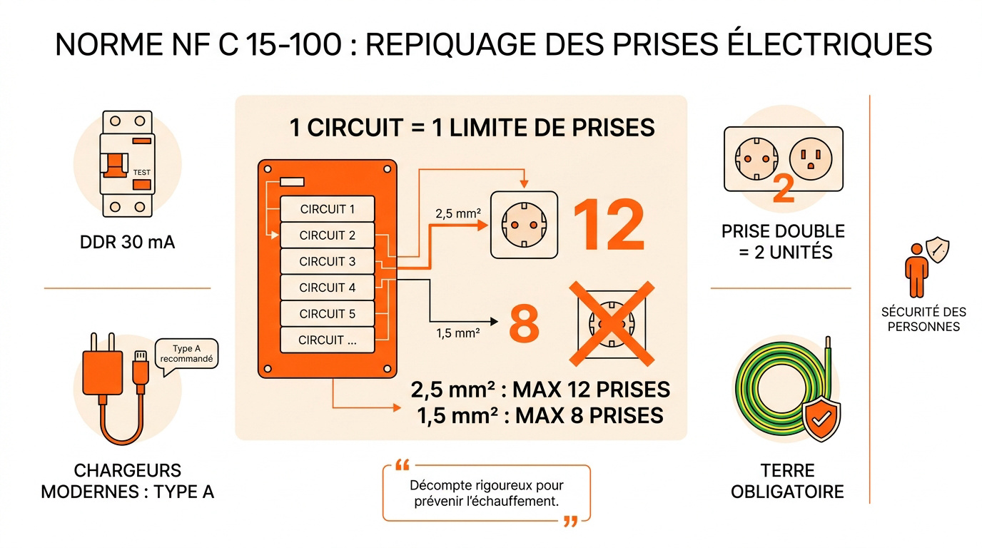 Tableau des limites de prises électriques selon la section de câble et le disjoncteur NF C 15-100