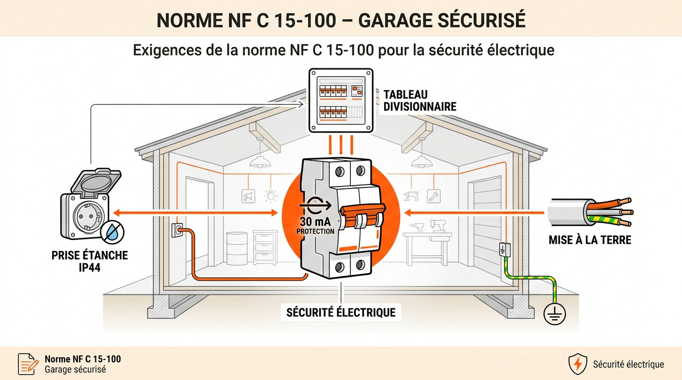 Schéma de sécurité électrique conforme à la norme NF C 15-100 pour un garage résidentiel