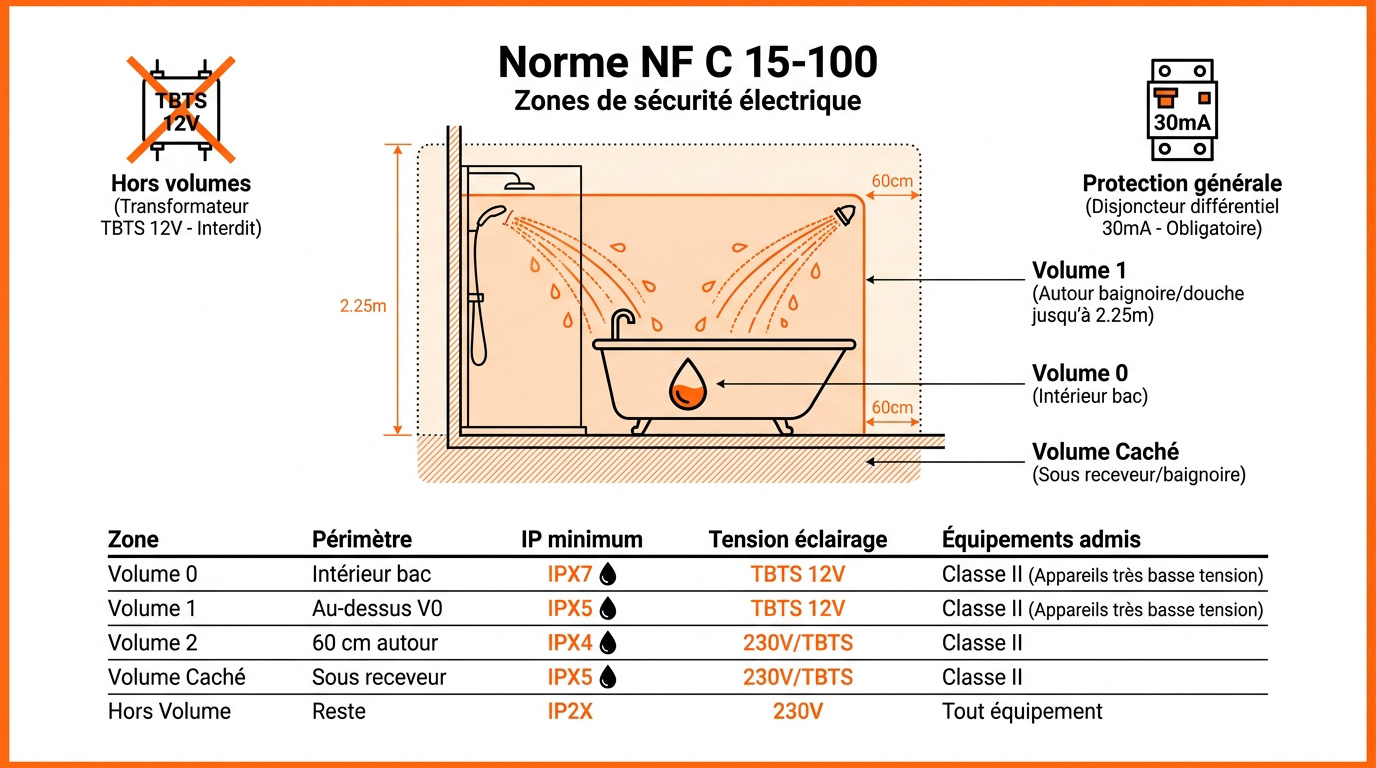 Schéma des volumes de sécurité électrique NF C 15-100 dans une salle de bain