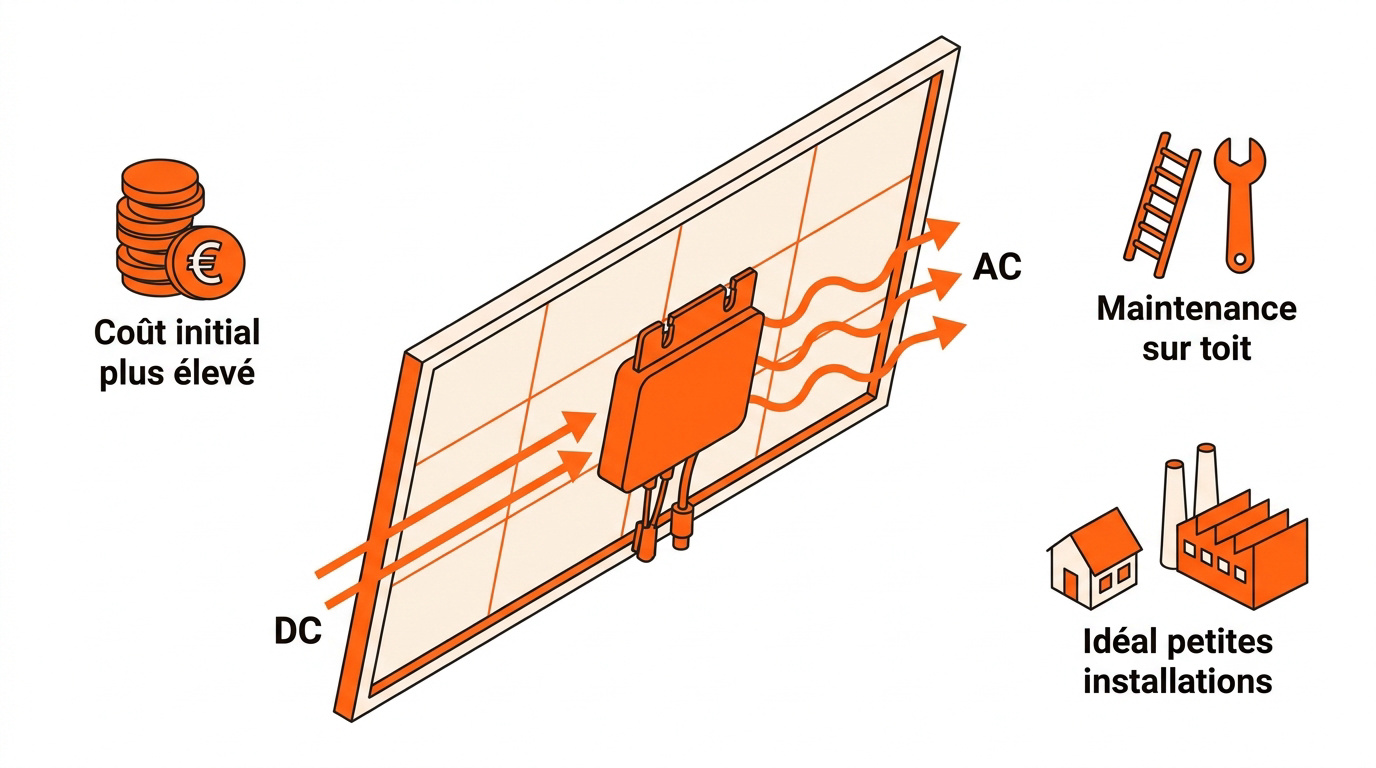 Installation de panneaux solaires avec micro-onduleurs intégrés montrant les composants techniques