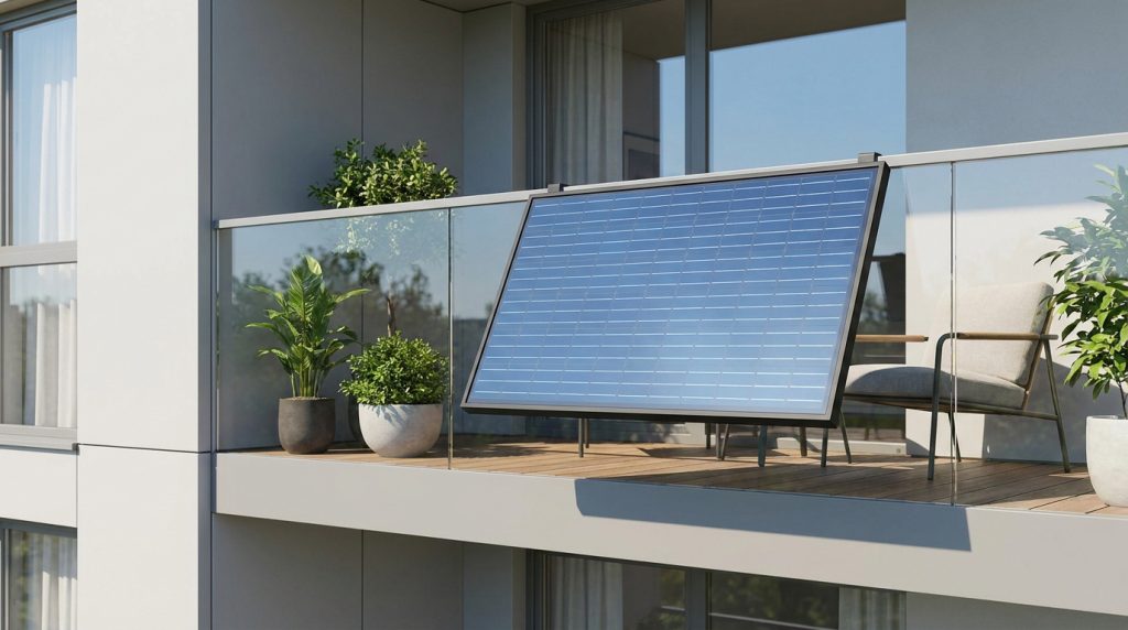 Panneau solaire photovoltaïque installé sur la rambarde en verre d'un balcon moderne avec des plantes et un fauteuil.