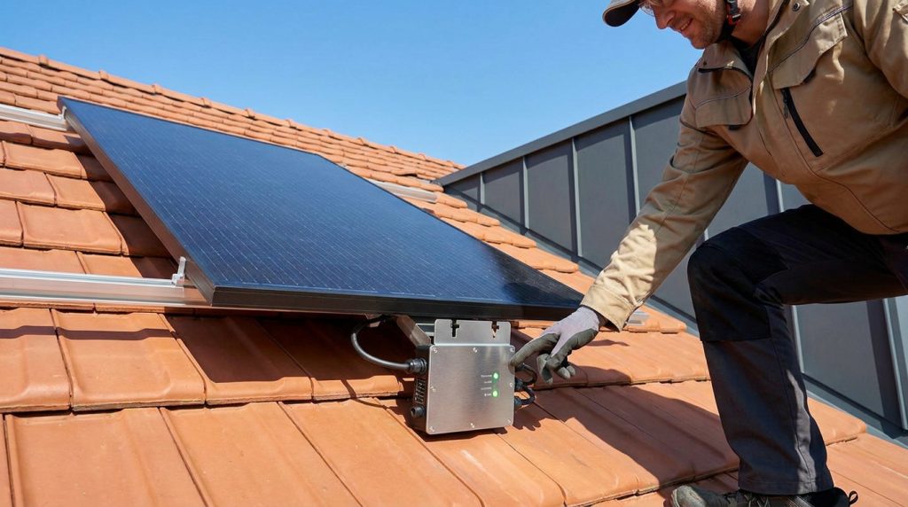 Un technicien installe un panneau solaire avec un micro-onduleur intégré sur un toit en tuiles terre cuite.